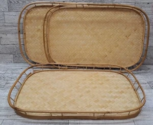 3 Tiki Bamboo Rattan Wicker Weave Serving Trays 19" x 13" Boho Retro Light Wood - Picture 1 of 17