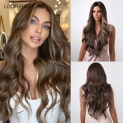 Long Brown Wavy Synthetic Wig Natural Looking Dark Brown Curly Wigs With Blonde  - Image 1 of 4