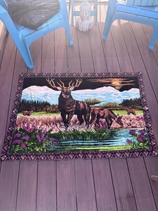 VTG 1970's Velvet? Forest Hunting Lake Scene Wall Hanging Tapestry Deco 51x34 - Picture 1 of 5