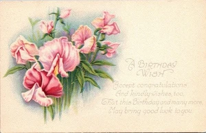 Postcard A Birthday Wish Pink Flowers - Picture 1 of 2