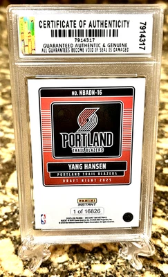 Yang Hansen 2025 RC Panini Instant DRAFT NIGHT GRADED GEM-MT 10 ROOKIE #DN-16 - Image 1 of 3