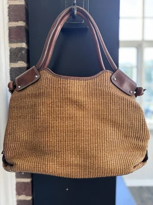 Bolso de mano de yute tejido fósil cartera cuero marrón forro a rayas 2 asas Foto 1 de 4