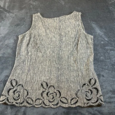 Dana Buchman Gray Linen Tank Top Womens size 2 Sleeveless Embellished Rose - Image 1 of 4