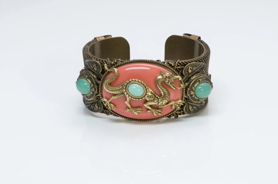 PATRICE Faux Coral Green Onyx Glass Mesh Dragon Cuff Bracelet - Image 1 of 4