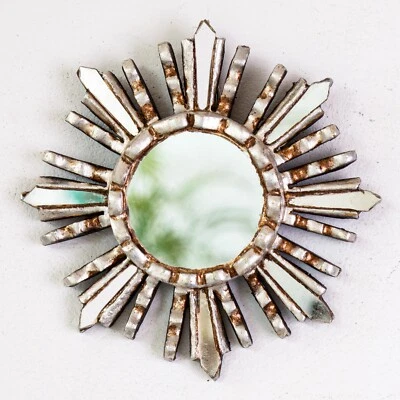 Small Silver Sunburst Mirror 6" for wall decor, Peruvian Hand-carved Wood Mirror - Image 1 of 4