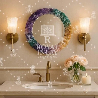 Espejo de pared redondo de piedras preciosas de 15" hecho a mano tocador de cristal de lujo decoración Foto 1 de 4