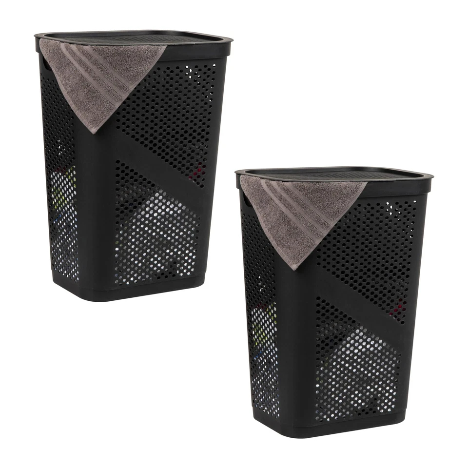Slim Laundry Basket 60L, Plastic Hamper With Ventilated Lid, Set Of 2, Black - Image 1 of 4