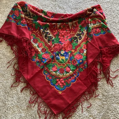 LOVELY! Large Russian Burgundy Rose Floral 58” Scarf Shawl Pashmina Fringe NWOT - Image 1 of 4