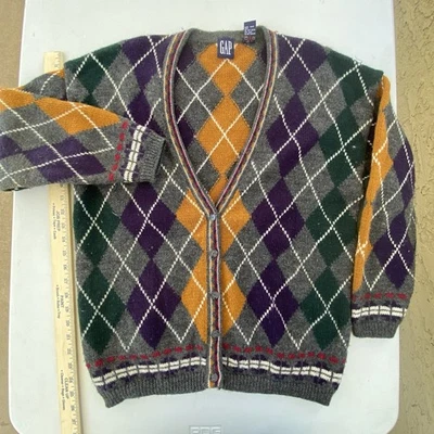 Vintage 90s Gap Cardigan sweater Crosby argyle plaid grandpa sweater gold purple - Image 1 of 4