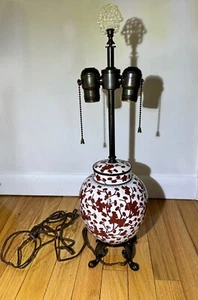 ANTIQUE CHINESE CHERRY BLOSSOM ENAMELED BRONZE  TEA JAR TABLE LAMP  W/ JADE - Picture 1 of 24