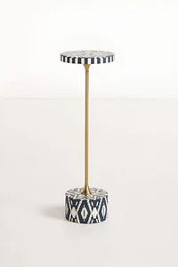 Handmade Bone Inlay Drink Table – Black and White Ikat Pattern | Pedestal Table - Picture 1 of 6