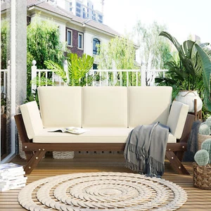 Wooden Patio Outdoor Adjustable Daybed Sofa Chaise Lounge Sunbed W/Beige Cushion - Picture 1 of 9