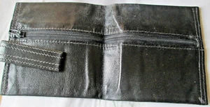 BLACK GLOVE BIFOLD LEATHER ZIPPERED TETHERED WALLET, UNBRANDED, NOS 3 7/8" - Picture 1 of 3