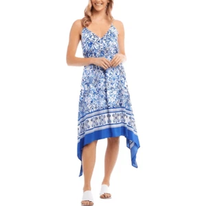 Karen Kane Blue Spaghetti Strap V Neck Maxi Border Print Cami Dress Size S NWT - Picture 1 of 11
