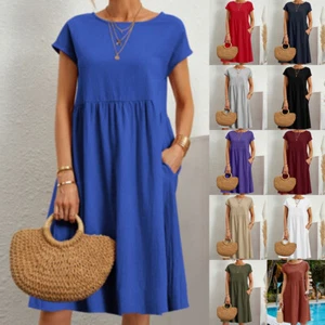 Women Cotton Linen Short Sleeve Round Neck Sundress Solid Loose Shirt Dresses - Picture 1 of 55