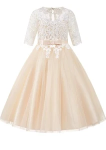 Blumenmädchen Kleid Gr. 5 Elfenbein Spitze Champagner Tüll Party Kurzarm NEU - Bild 1 von 14