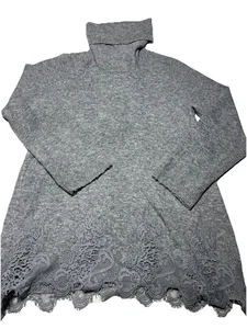 SISTERS Women Sz LARGE Wool Blend Cowl Neck LS Gray Sweater Lace Overlay Hemline - Picture 1 of 9