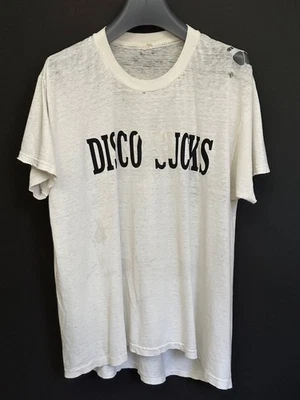 DISCO SUCKS distressed black logo on VTG burnout JOCKEY off white t-shirt - Image 1 of 4