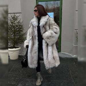 Women Real Blue Fox Fur Coat Winter Warm Full Pelt Jacket Winter Natural Outwear