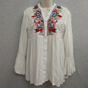 ROD's Womens Top Button Down Shirt Small White Floral Embroidered Long Sleeve - Picture 1 of 14