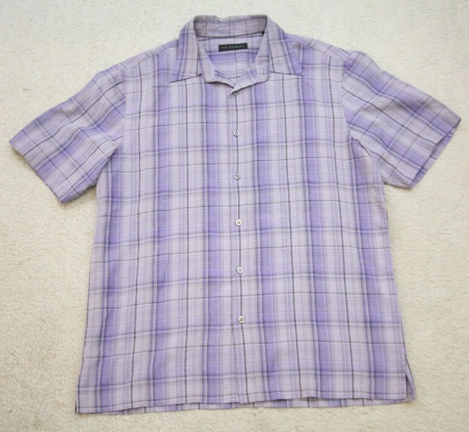 Medium Via Europa Short Sleeve Purple Rayon Poly Pocket Dress Shirt Top WW25 - Image 1 of 4