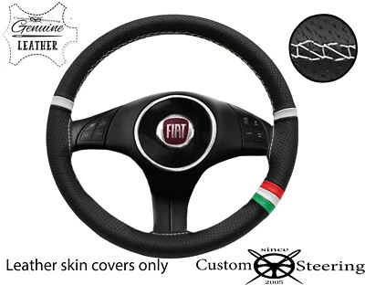 ITALIAN FLAG WHITE ST PERFOR LEATHER STEERING WHEEL COVER FOR FIAT 500 07-15 - Image 1 of 3