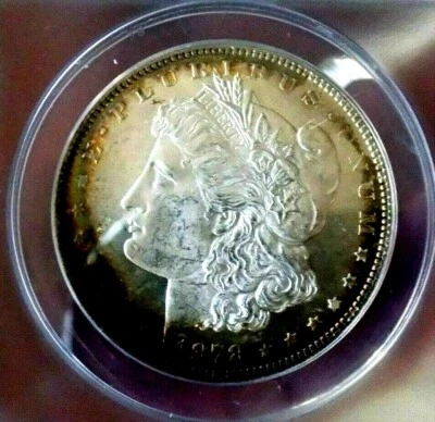 MORGAN SILVER DOLLAR 1878 7TF ANACS MS 63 CRESCENT RAINBOW WITH CAMEO MIRRORS - Image 1 of 4