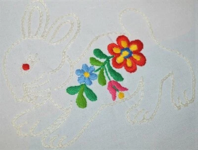 EASTER BUNNY & HUNGARIAN KALOCSA! VINTAGE HAND EMBROIDERED SPRING TABLE RUNNER - Image 1 of 4