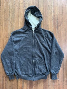 Vintage 70s Zip Up Hoodie Thermal Waffle Lined Sweatshirt Dark Gray Medium - Picture 1 of 9
