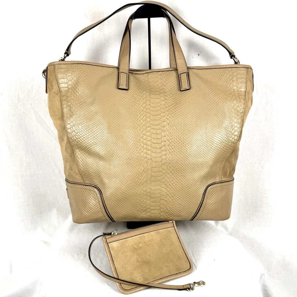 Coach Hadley Leather Shoulder Bag Tote Satchel Beige Snake Skin Suede Authentic - Image 1 of 4