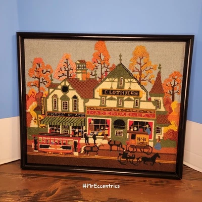 VTG Dimensions Village Shopping 2172 Completed Needle Point Cross Stitch Framed - Image 1 of 4