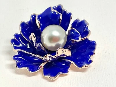 Broche Flor Perla Imitación Azul Esmaltado Caja Incluida Foto 1 de 4