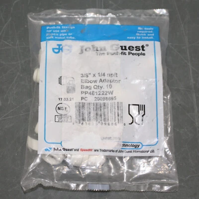 (10) John Guest 90° Elbow PP481222W, 3/8" Tube x 1/4" NPT, White Polypropylene - Image 1 of 4