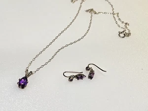 Vintage Sterling Silver Pendant Necklace and Earrings Set 925 Amethyst - Picture 1 of 10
