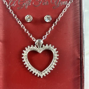 Open Heart Necklace And Stud Earrings Set Crystals 18.5” Chain - Picture 1 of 4