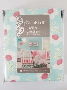 Peanutshell MILA Fitted Crib ToddlerSheet Aqua Coral Floral Cotton Sateen - Picture 1 of 3