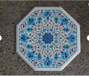 12" white marble table top center coffee inlay lapis antique stone decor v9