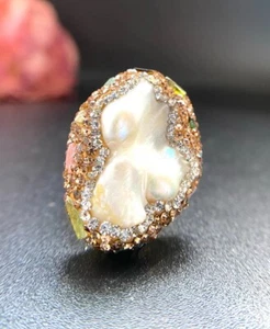 Anillo de turmalina natural blanco barroco Keshi con incrustaciones de perlas del Mar del Sur ajustable - Imagen 1 de 5