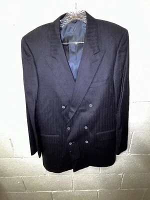 Vintage Givenchy Navy Mens Wool Double Breasted Blazer 42” Pinstripe Chequers D2 - Image 1 of 4