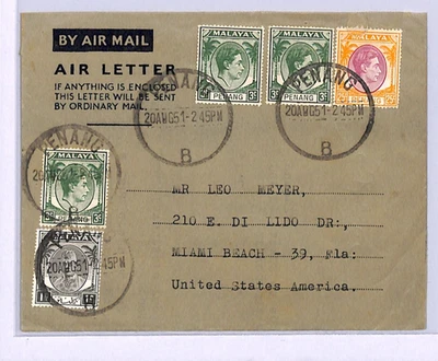 Malaya PENANG/KELANTAN *Mixed Franking* KGVI Air Letter USA Miami Beach 1951 WM7 - Image 1 of 4