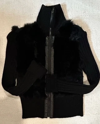 Chesley Black Rabbit Fur Cable Knit Womens Sweater Jacket Sz S Mobwife Luxury - Image 1 of 4