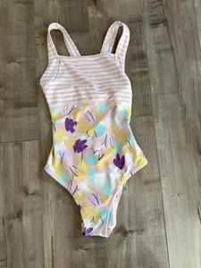 Hanna Andersson Swimsuit One Piece 150 Size 12 Pink White Stripe Floral Pastel - Picture 1 of 8