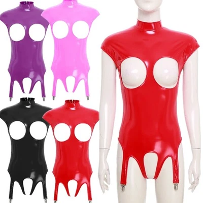 Body de leotardo con doble cremallera copa abierta brillante aspecto húmedo de cuero PVC para mujer Foto 1 de 4