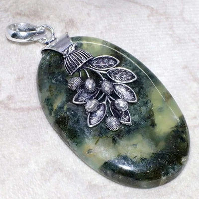Leaf Moss Prehnite 925 Silver Plated Cap Pendant 2.6" Unique Gift GW - Image 1 of 3