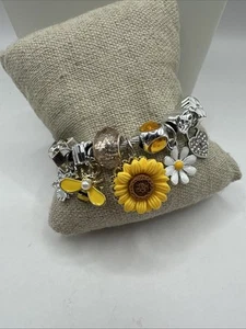 Stainless Steel Sunflower & Bee Charm Bracelet with Sparkling Rhinestone - Picture 1 of 4