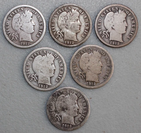 1912 Silver Barber Dimes 6 Coin Lot 10c US Type Coins Circulated Good Cover