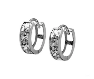 925 Sterling Silver Square 3x3mm Cubic Zirconia Huggie Hoop Earrings - Picture 1 of 3