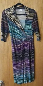 Vintage Robbie Bee Womens Large 3/4 Sleeve Collared V-Neck Multicolor Wrap Dress - Picture 1 of 8