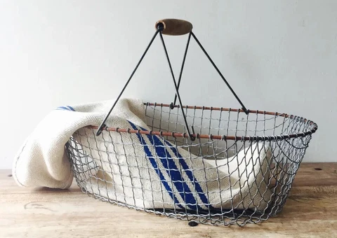 Vintage French Oval Wire Gathering Garden, Produce or Storage Basket with Handle Cover