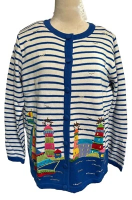 QUACKER FACTORY Sweater Lighthouse Seagull Sailboat Waterfront Cardigan M  NEW - Image 1 of 4